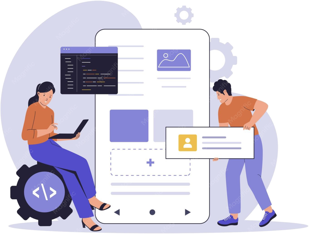 Two people working on app UI design, code and profile cards