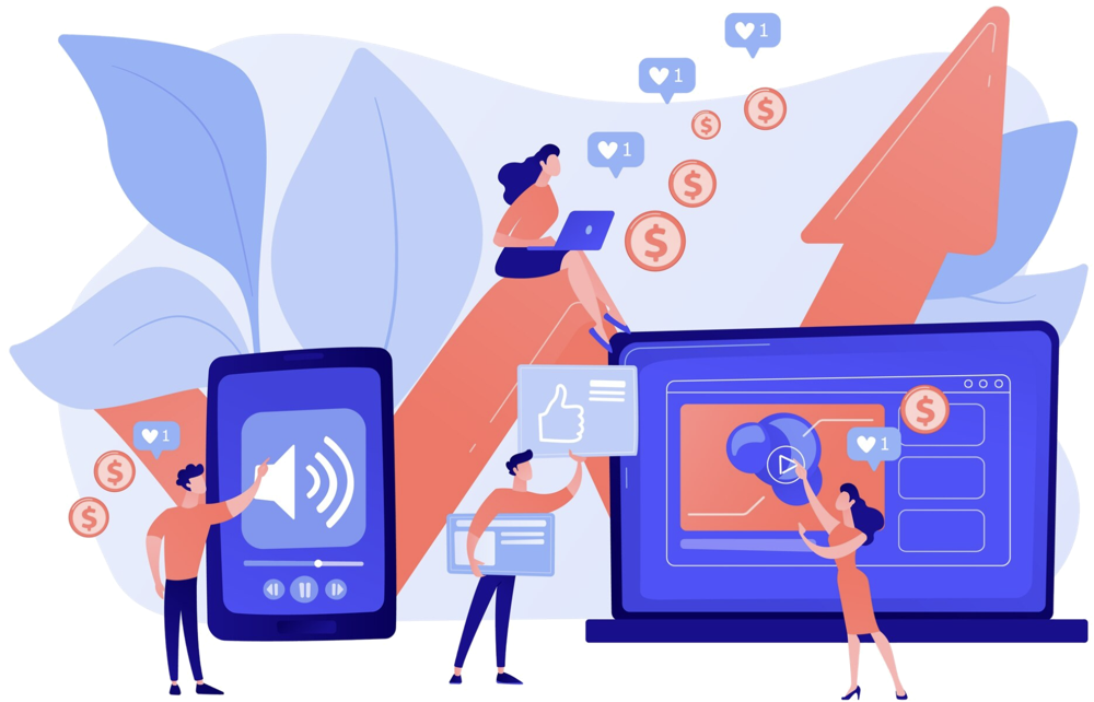 Digital marketing illustration with likes, coins, phone and laptop