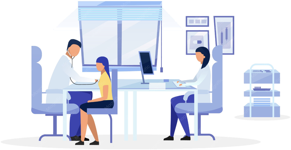 Doctor consulting a patient while a colleague works on hospital records nearby