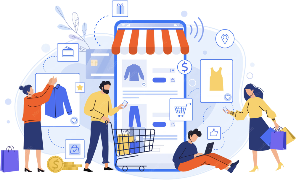 Online shopping illustration with a storefront, cart and shoppers