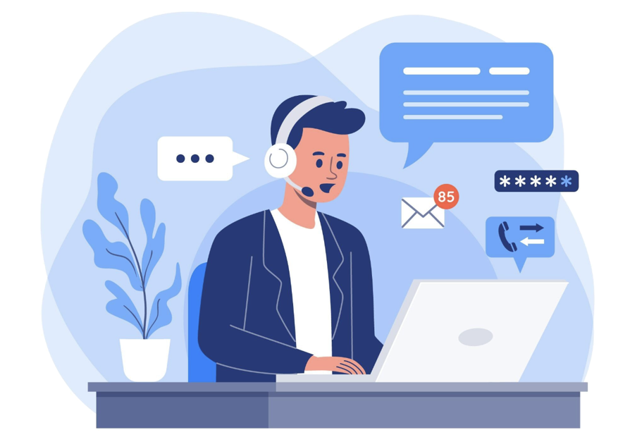 Support agent at a laptop with chat and call icons