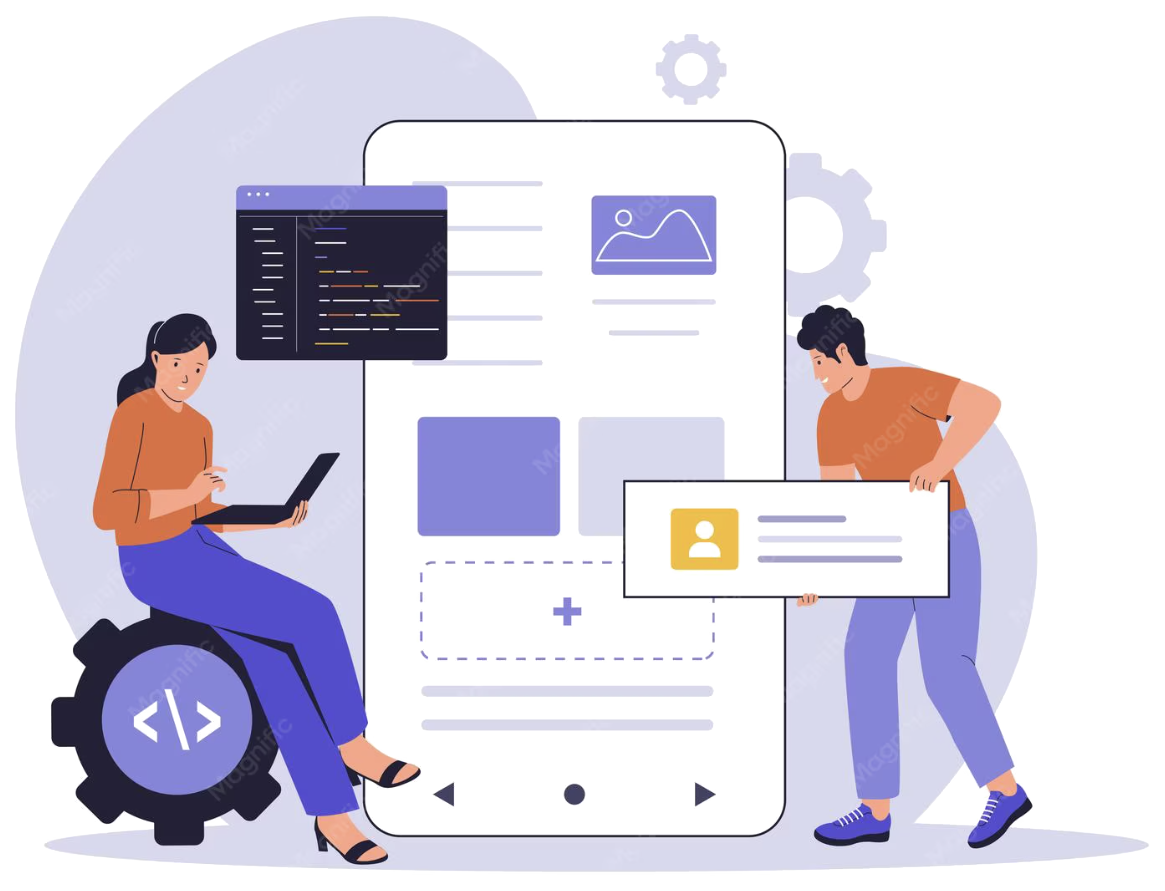 Illustration of a mobile app: smartphone mockup with interface blocks and a developer with a laptop
