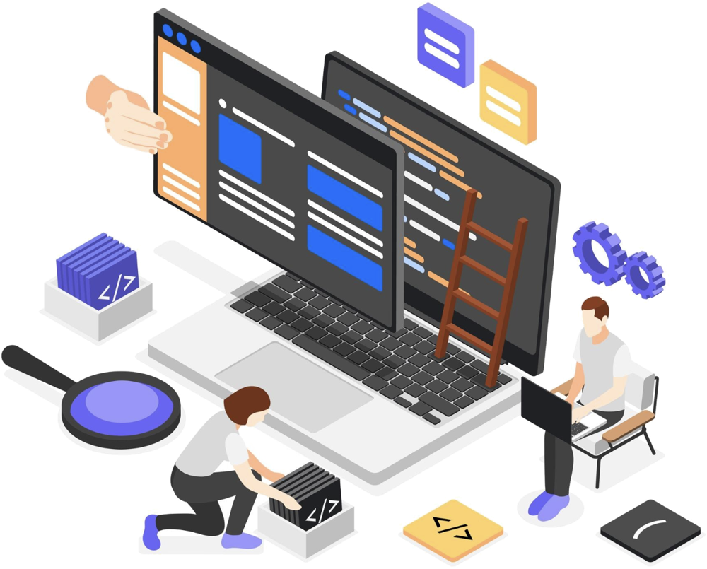 Isometric illustration of code editors, files and developers working