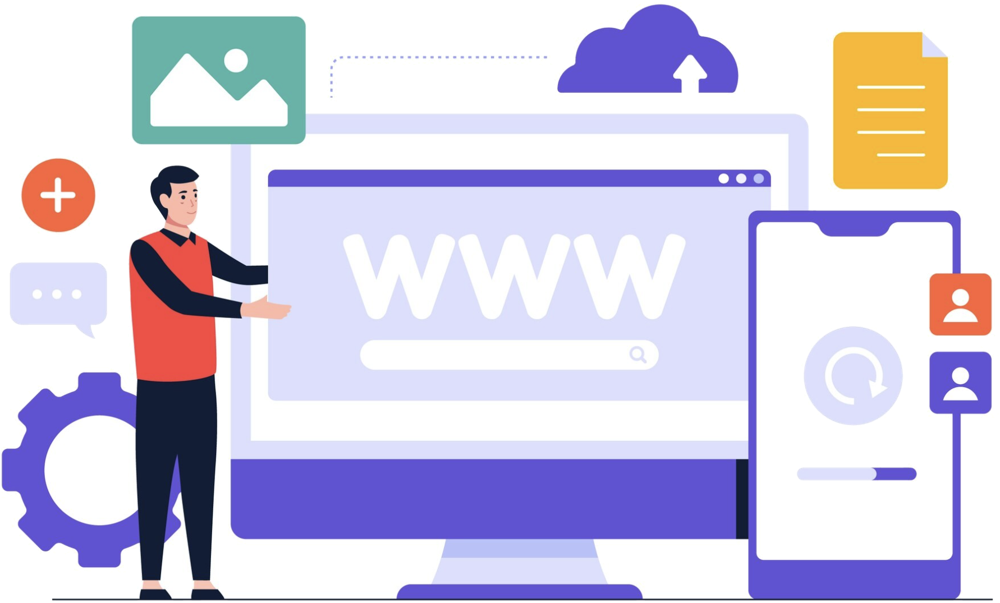 Person setting up a website, with a browser search bar and a phone screen